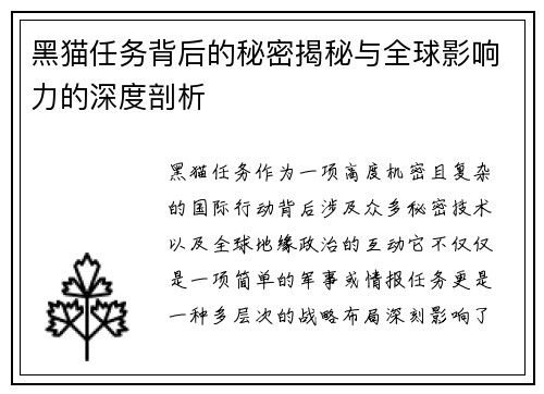黑猫任务背后的秘密揭秘与全球影响力的深度剖析
